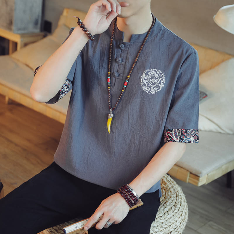 Buddha Stonesカエルボタン 龍刺繍 中国唐装 半袖シャツ リネン メンズ服 - image 7