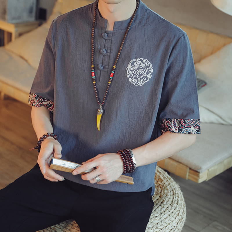 Buddha Stonesカエルボタン 龍刺繍 中国唐装 半袖シャツ リネン メンズ服 - image 8