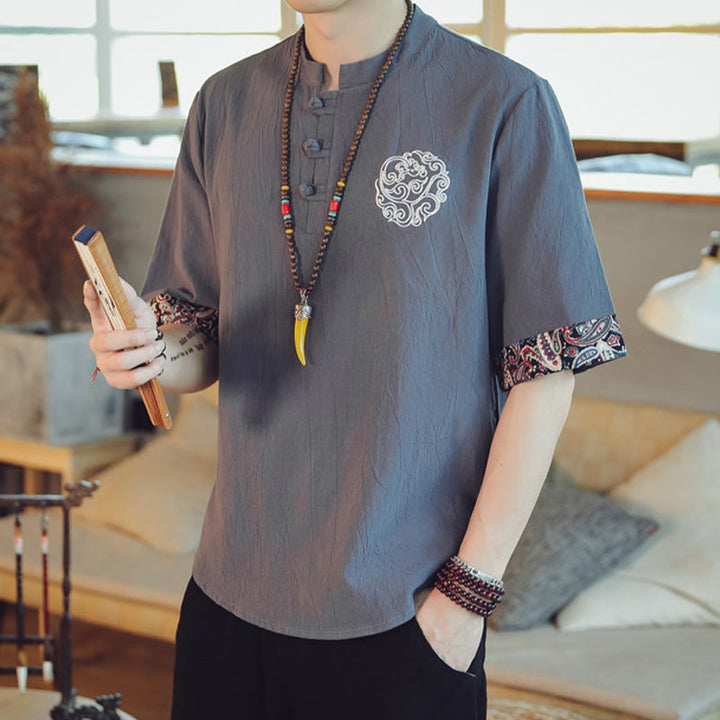 Buddha Stonesカエルボタン 龍刺繍 中国唐装 半袖シャツ リネン メンズ服 - image 6