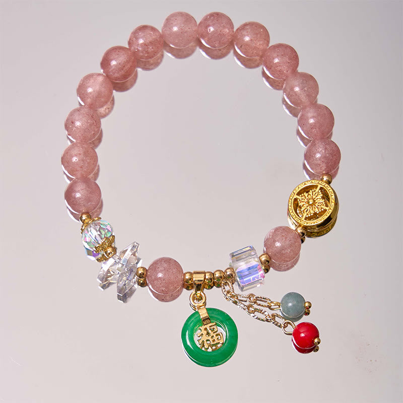Buddha Stones ストロベリークォーツ＆翡翠 福チャーム付き ヒーリングブレスレット