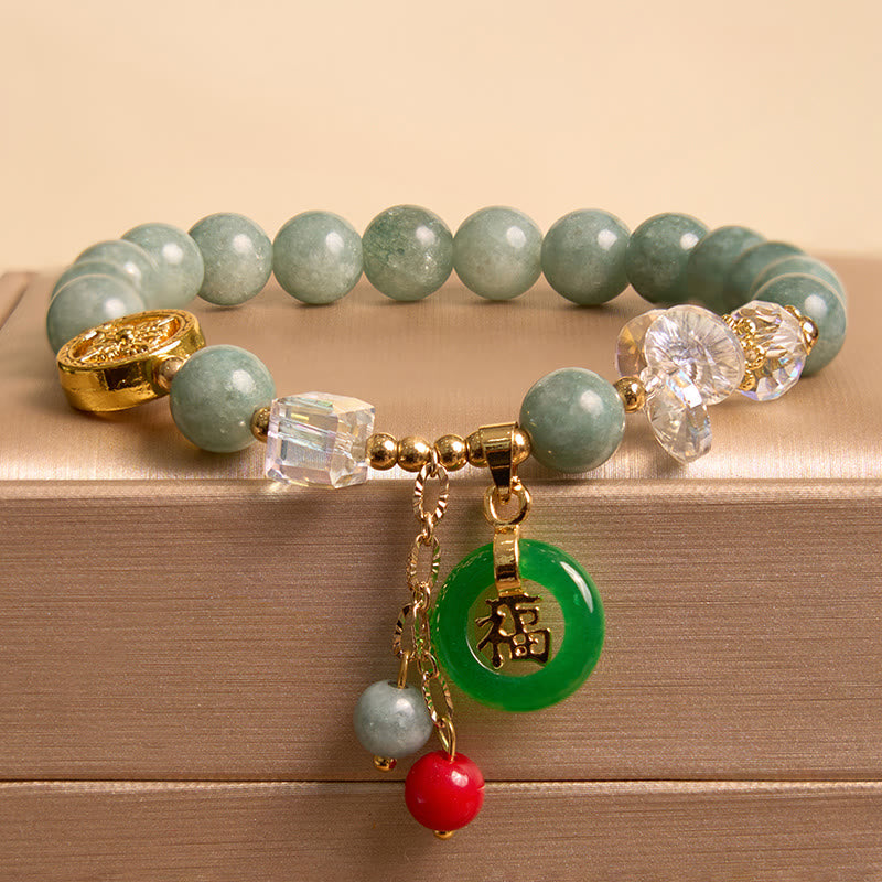 Buddha Stones ストロベリークォーツ＆翡翠 福チャーム付き ヒーリングブレスレット