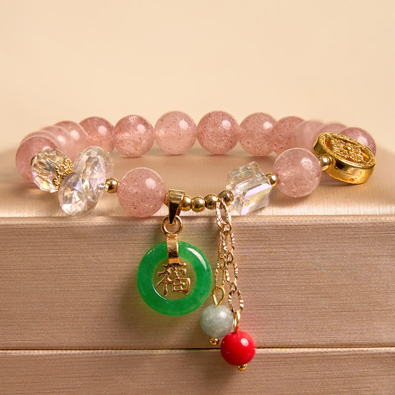 Buddha Stones ストロベリークォーツ＆翡翠 福チャーム付き ヒーリングブレスレット