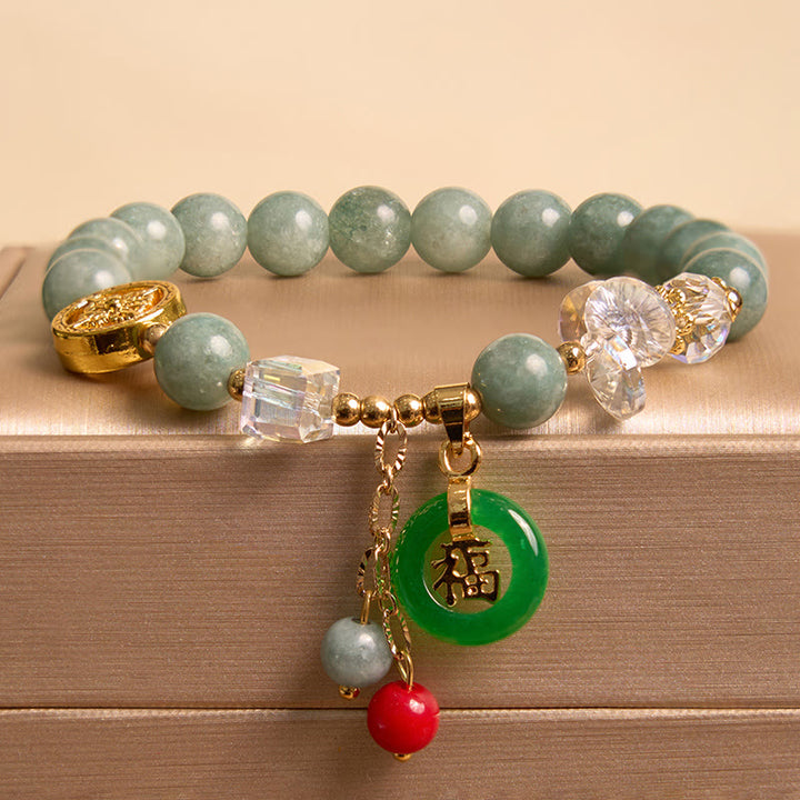 Buddha Stones ストロベリークォーツ＆翡翠 福チャーム付き ヒーリングブレスレット