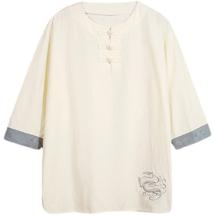 Buddha Stonesカエルボタン ドラゴン刺繍 中国唐装 七分袖シャツ コットンリネン メンズ服 - image 11