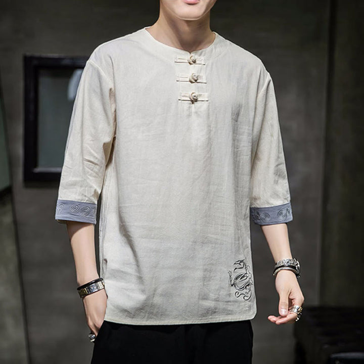 Buddha Stonesカエルボタン ドラゴン刺繍 中国唐装 七分袖シャツ コットンリネン メンズ服 - image 8