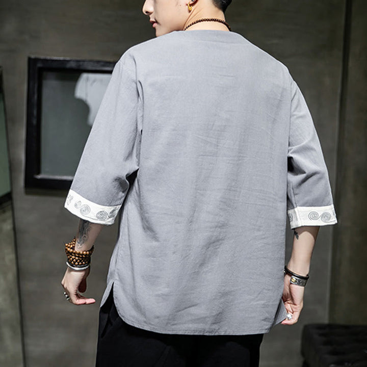 Buddha Stonesカエルボタン ドラゴン刺繍 中国唐装 七分袖シャツ コットンリネン メンズ服 - image 14