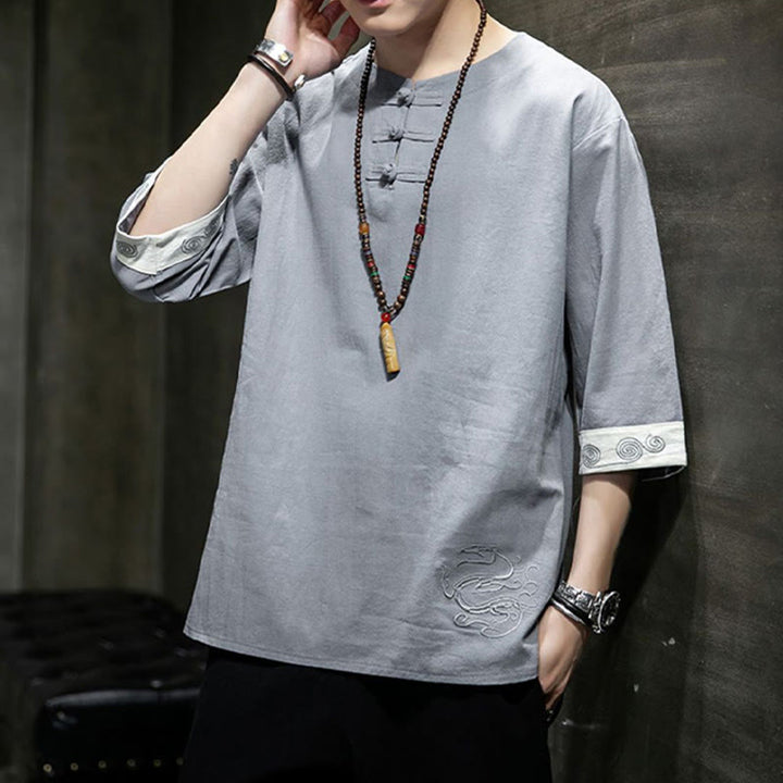 Buddha Stonesカエルボタン ドラゴン刺繍 中国唐装 七分袖シャツ コットンリネン メンズ服 - image 19