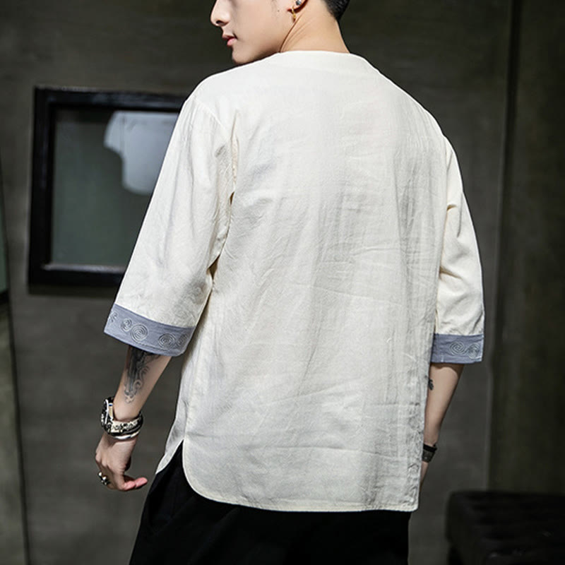 Buddha Stonesカエルボタン ドラゴン刺繍 中国唐装 七分袖シャツ コットンリネン メンズ服 - image 2