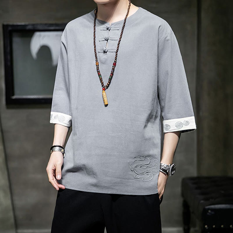 Buddha Stonesカエルボタン ドラゴン刺繍 中国唐装 七分袖シャツ コットンリネン メンズ服 - image 13