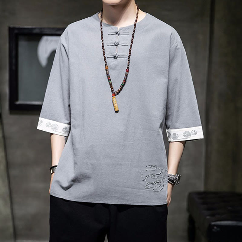 Buddha Stonesカエルボタン ドラゴン刺繍 中国唐装 七分袖シャツ コットンリネン メンズ服 - ライトグレー - US/UK/AU46、 EU56 (5XL)  - image 12