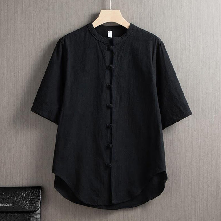 Buddha Stonesカエルボタン 無地 中国唐装 半袖シャツ コットンリネン メンズ服 - 黒 - US/UK/AU46、 EU56 (5XL) - image 5