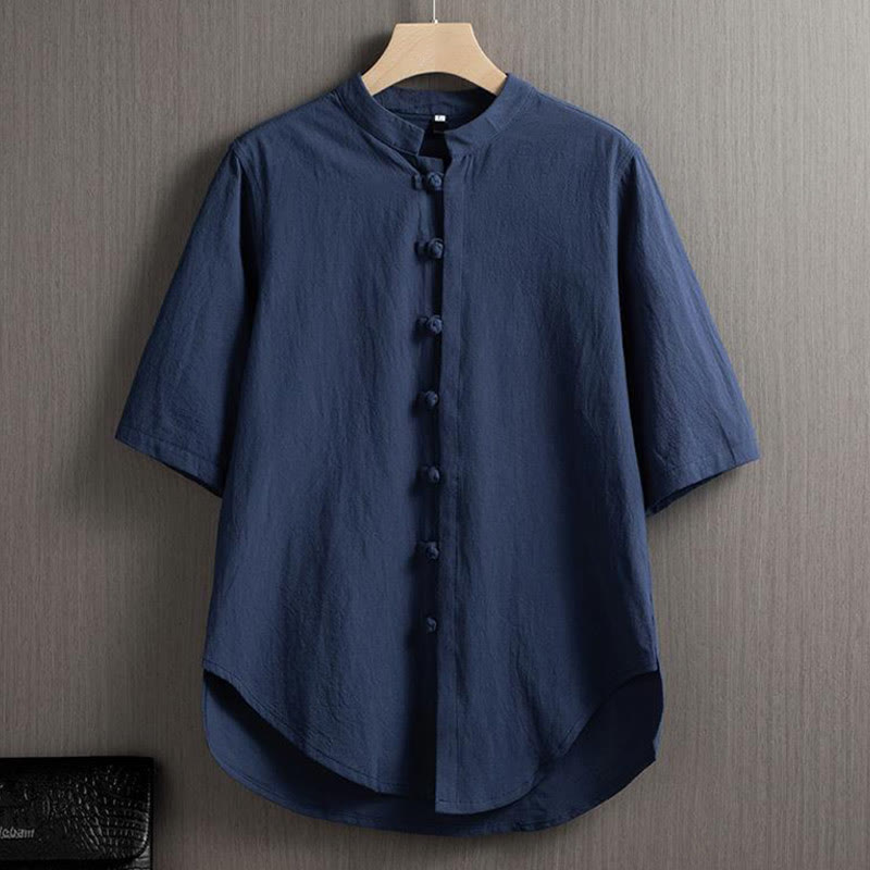 Buddha Stonesカエルボタン 無地 中国唐装 半袖シャツ コットンリネン メンズ服 - スティールブルー - US/UK/AU46、 EU56 (5XL) - image 6