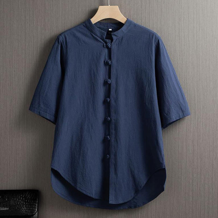 Buddha Stonesカエルボタン 無地 中国唐装 半袖シャツ コットンリネン メンズ服 - スティールブルー - US/UK/AU46、 EU56 (5XL) - image 6