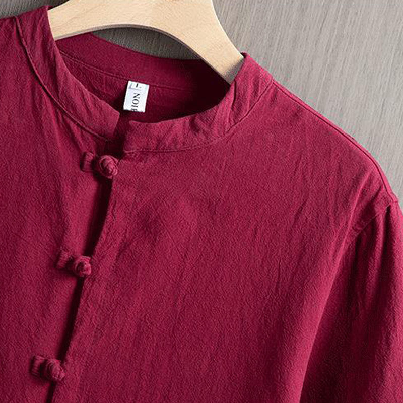 Buddha Stonesカエルボタン 無地 中国唐装 半袖シャツ コットンリネン メンズ服 - image 2