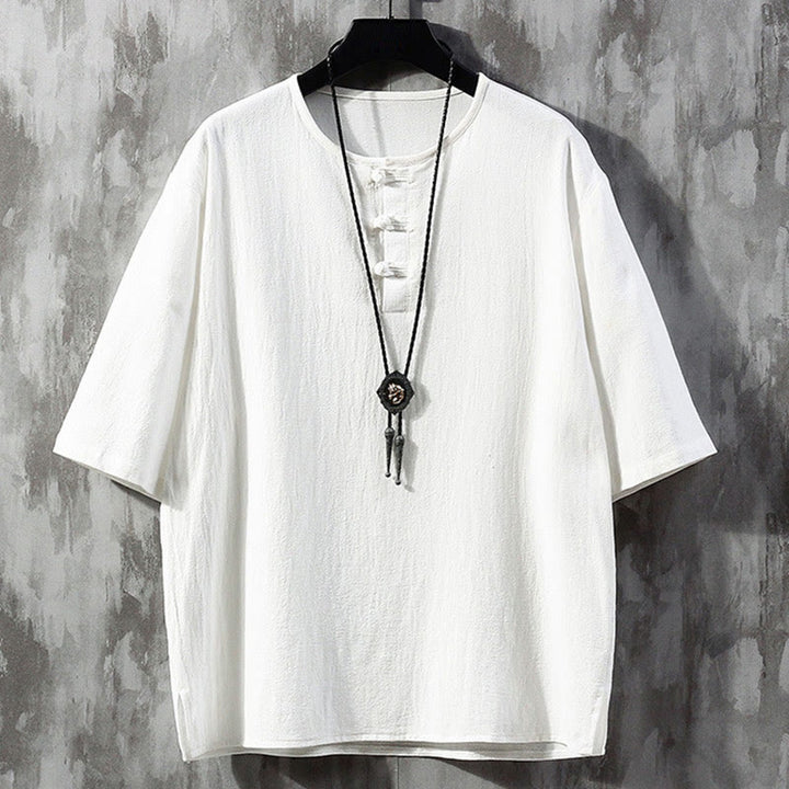 Buddha Stonesカエルボタン 無地 中国唐装 半袖シャツ リネン メンズ 服 - 白 - US/UK/AU46、 EU56 (5XL)  - image 1