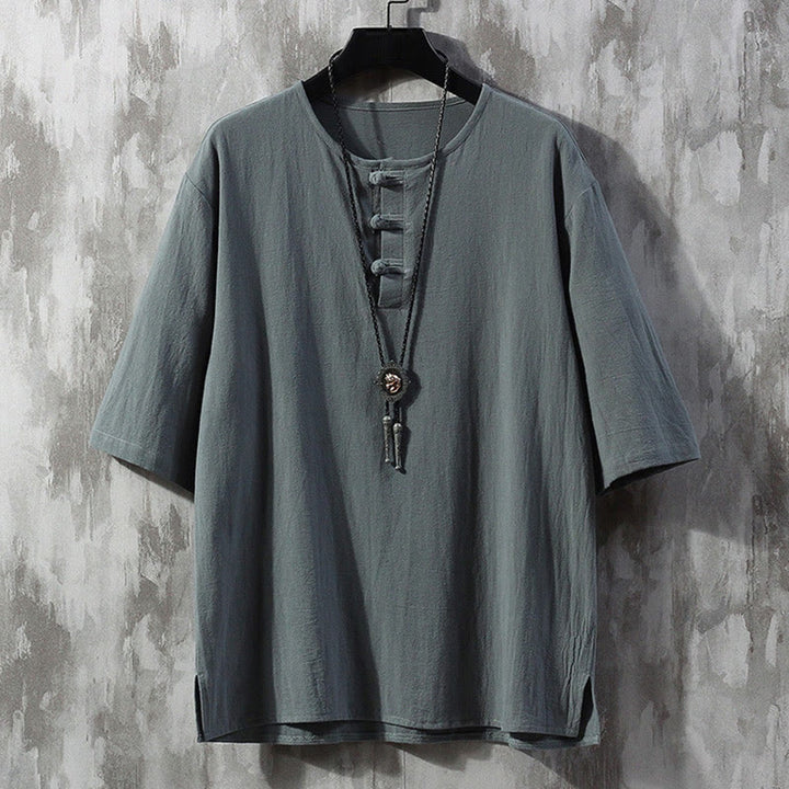 Buddha Stonesカエルボタン 無地 中国唐装 半袖シャツ リネン メンズ 服 - ライトスレートグレー - US/UK/AU46、 EU56 (5XL)  - image 1