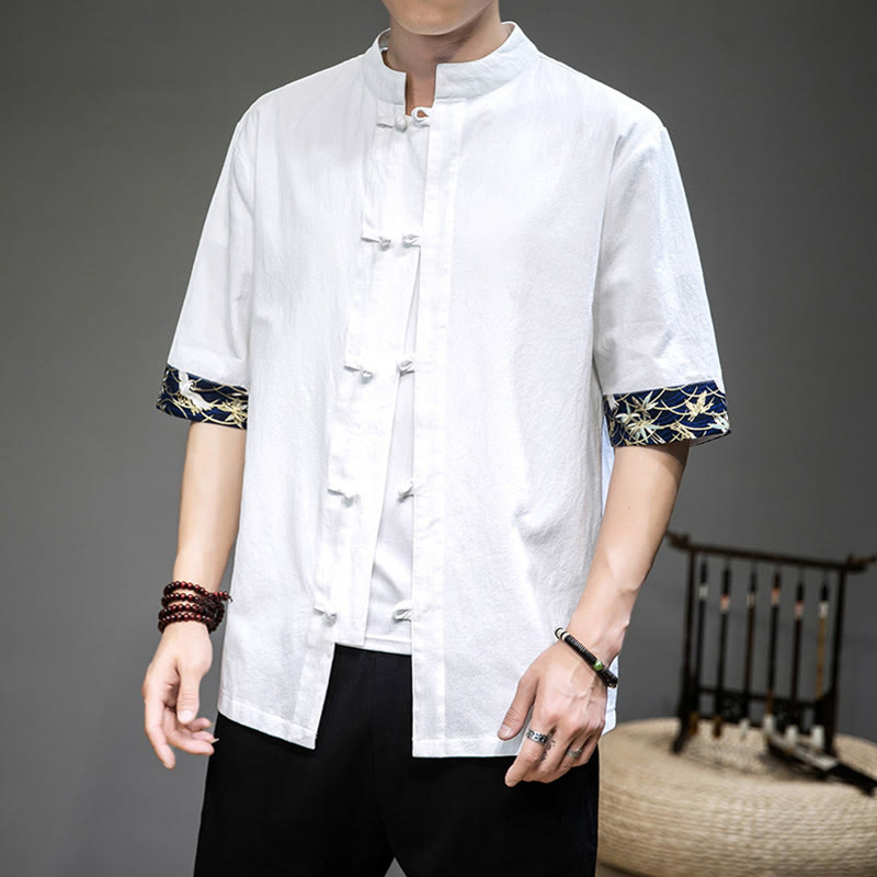 Buddha Stonesカエルボタン 中国唐装 半袖 鶴シャツ ジャケット リネン メンズ 服 - 白 - US/UK/AU46、 EU56 (5XL) - image 1