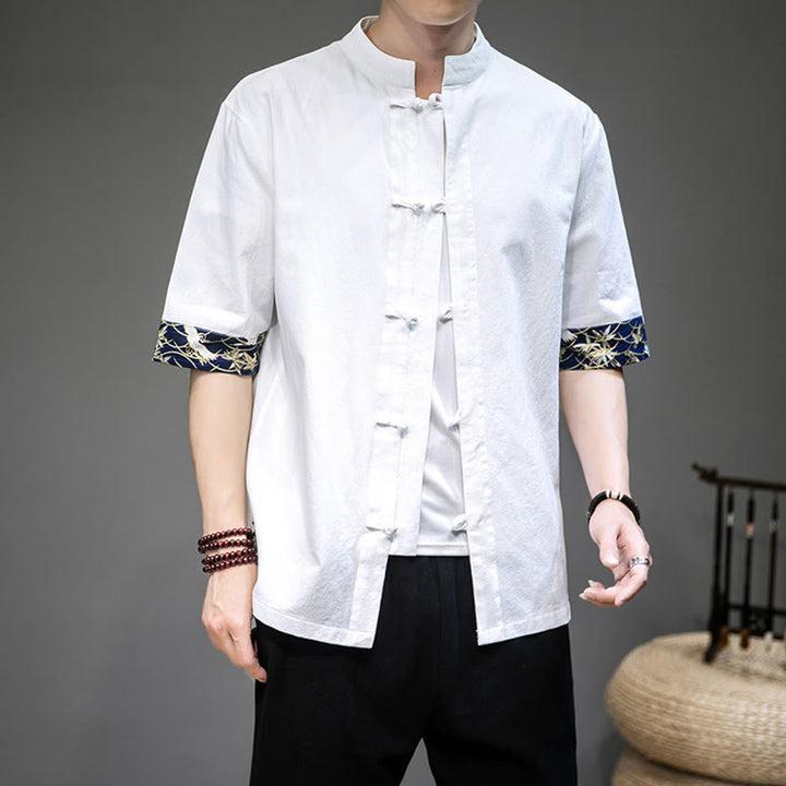 Buddha Stonesカエルボタン 中国唐装 半袖 鶴シャツ リネン メンズ 服 - image 3
