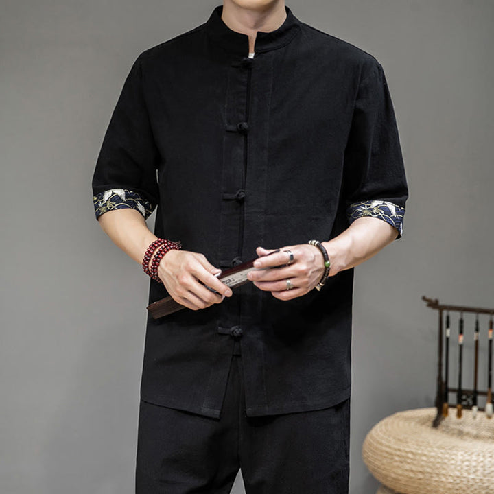 Buddha Stonesカエルボタン 中国唐装 半袖 鶴シャツ リネン メンズ 服 - 黒 - US/UK/AU46、 EU56 (5XL) - image 4
