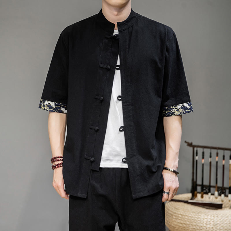 Buddha Stonesカエルボタン 中国唐装 半袖 鶴シャツ リネン メンズ 服 - image 5