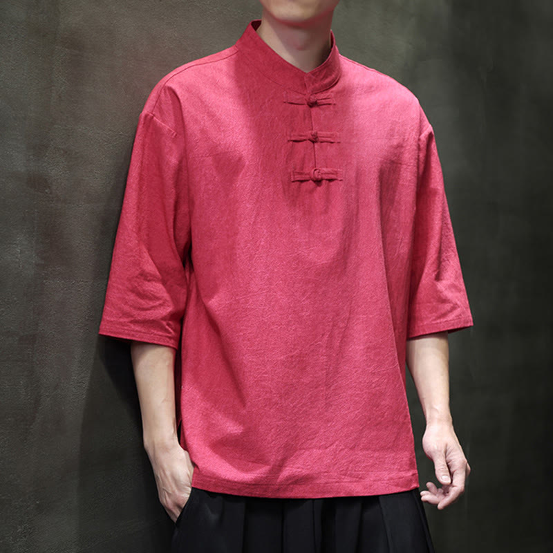 Buddha Stonesメンズ 中国風 カエルボタン 唐装 半袖 コットンリネン シャツ - 鮭 - US/UK/AU46、 EU56 (5XL)  - image 12