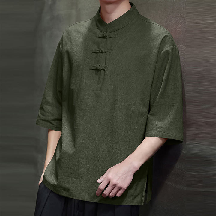 Buddha Stonesメンズ 中国風 カエルボタン 唐装 半袖 コットンリネン シャツ - image 3