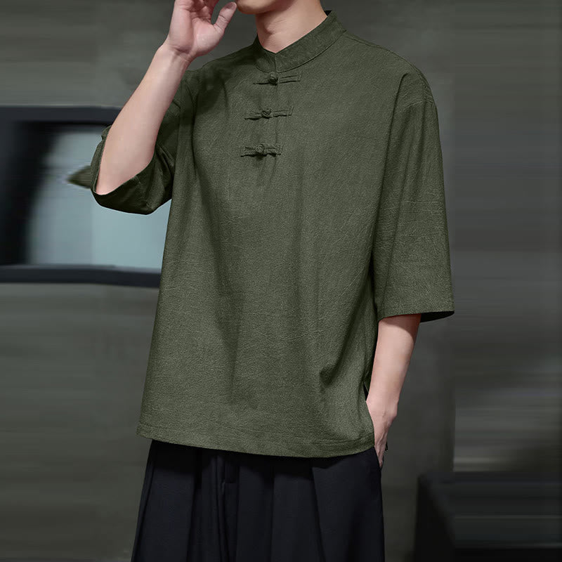 Buddha Stonesメンズ 中国風 カエルボタン 唐装 半袖 コットンリネン シャツ - image 2