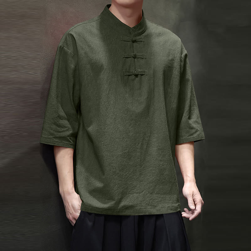 Buddha Stonesメンズ 中国風 カエルボタン 唐装 半袖 コットンリネン シャツ - image 1