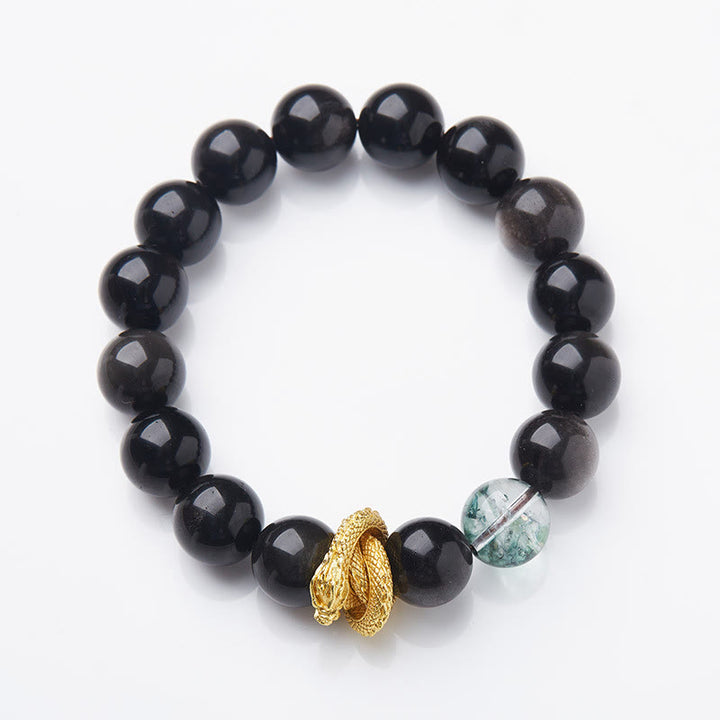 Buddha Stones天然銀光沢黒曜石 ドラゴングリーンファントム守護ブレスレット