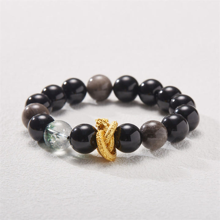 Buddha Stones天然銀光沢黒曜石 ドラゴングリーンファントム守護ブレスレット