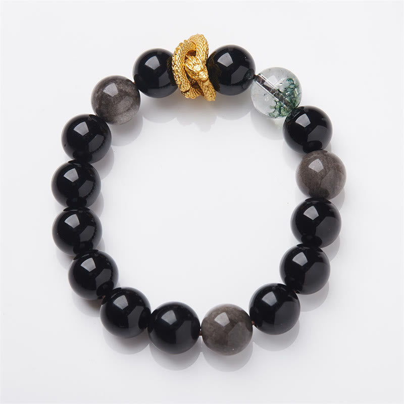 Buddha Stones天然銀光沢黒曜石 ドラゴングリーンファントム守護ブレスレット