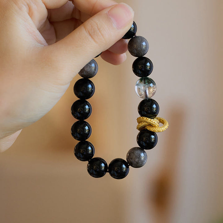 Buddha Stones天然銀光沢黒曜石 ドラゴングリーンファントム守護ブレスレット