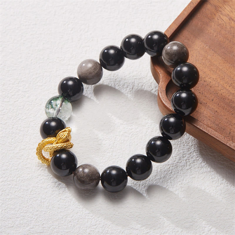 Buddha Stones天然銀光沢黒曜石 ドラゴングリーンファントム守護ブレスレット