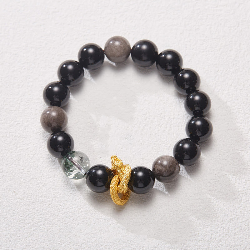 Buddha Stones天然銀光沢黒曜石 ドラゴングリーンファントム守護ブレスレット