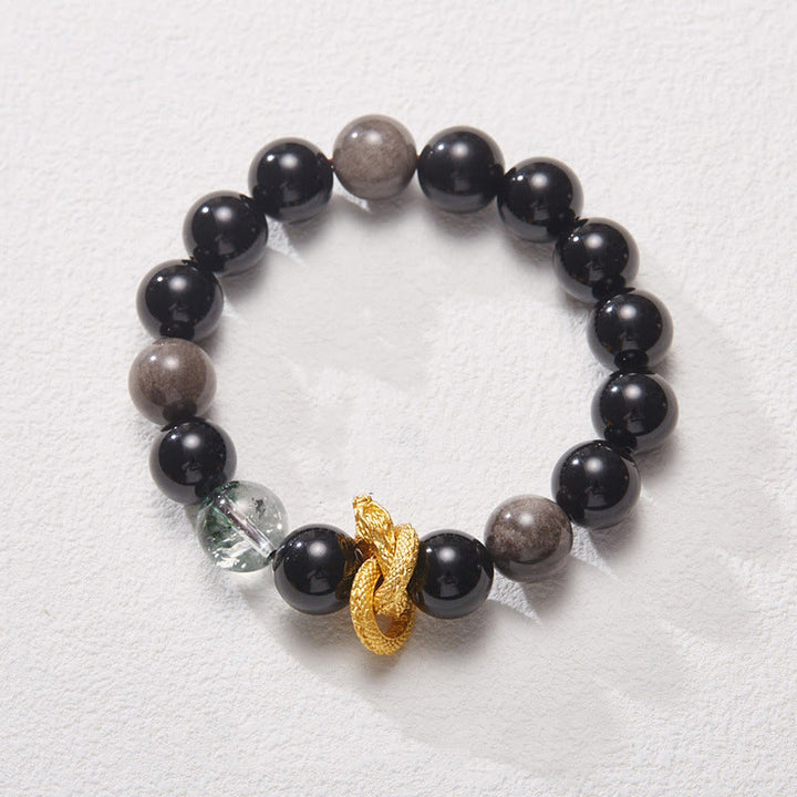 Buddha Stones天然銀光沢黒曜石 ドラゴングリーンファントム守護ブレスレット