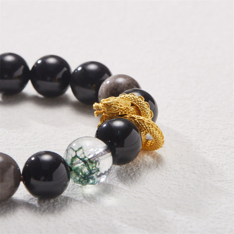 Buddha Stones天然銀光沢黒曜石 ドラゴングリーンファントム守護ブレスレット