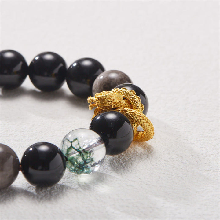 Buddha Stones天然銀光沢黒曜石 ドラゴングリーンファントム守護ブレスレット