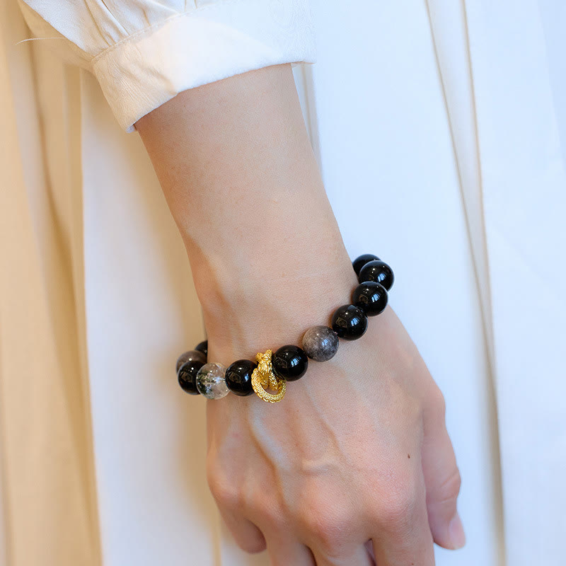 Buddha Stones天然銀光沢黒曜石 ドラゴングリーンファントム守護ブレスレット