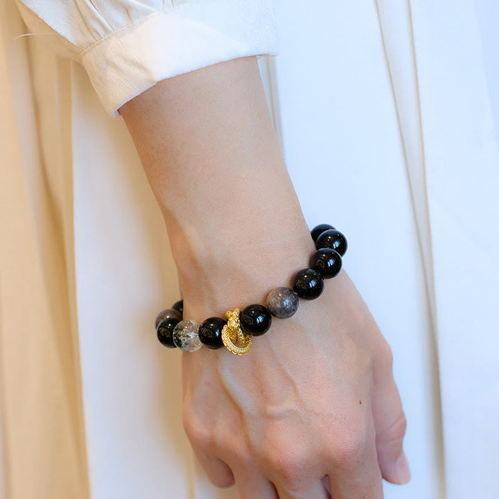 Buddha Stones天然銀光沢黒曜石 ドラゴングリーンファントム守護ブレスレット