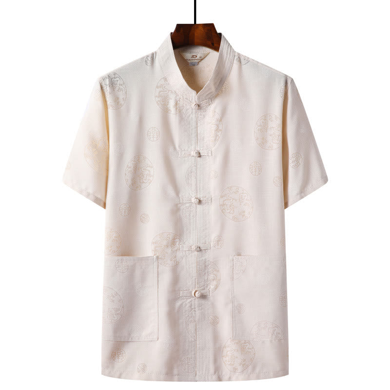 Buddha Stonesカエルボタン フーキャラクター ドラゴン 竹の葉 中国唐装 半袖シャツ リネン ポケット付き - ライトイエロー - ドラゴン - US/UK/AU46、 EU56 (4XL)  - image 6