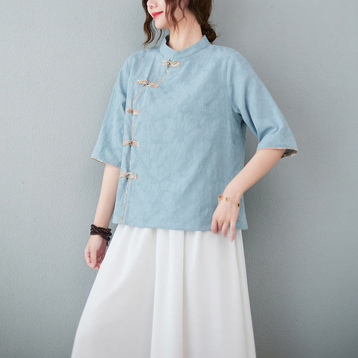 Buddha Stones柄フロッグボタン半袖コットンリネンシャツ - ライトスチールブルー - 2XL（ US8-10、 UK/AU12-14、EU40-42に適合） - image 8