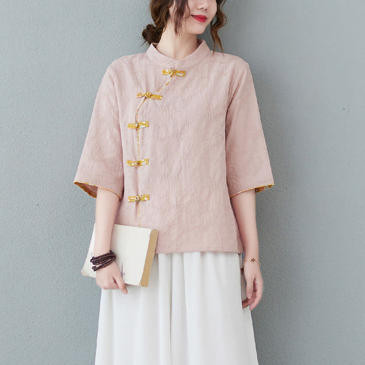 Buddha Stones柄フロッグボタン半袖コットンリネンシャツ - ライトピンク - 2XL（ US8-10、 UK/AU12-14、EU40-42に適合） - image 0