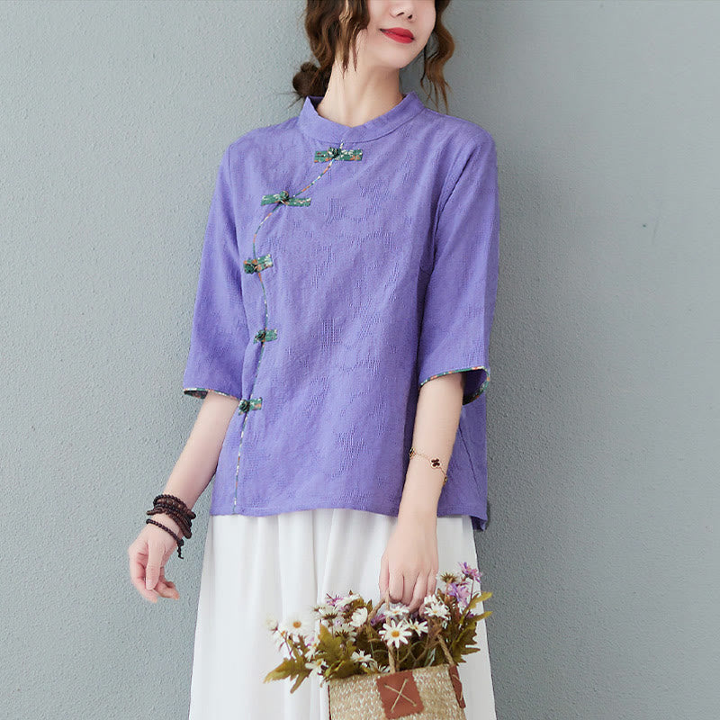 Buddha Stones柄フロッグボタン半袖コットンリネンシャツ - ミディアムパープル - 2XL（ US8-10、 UK/AU12-14、EU40-42に適合） - image 7