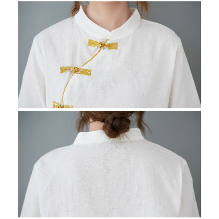 Buddha Stones柄フロッグボタン半袖コットンリネンシャツ - image 4