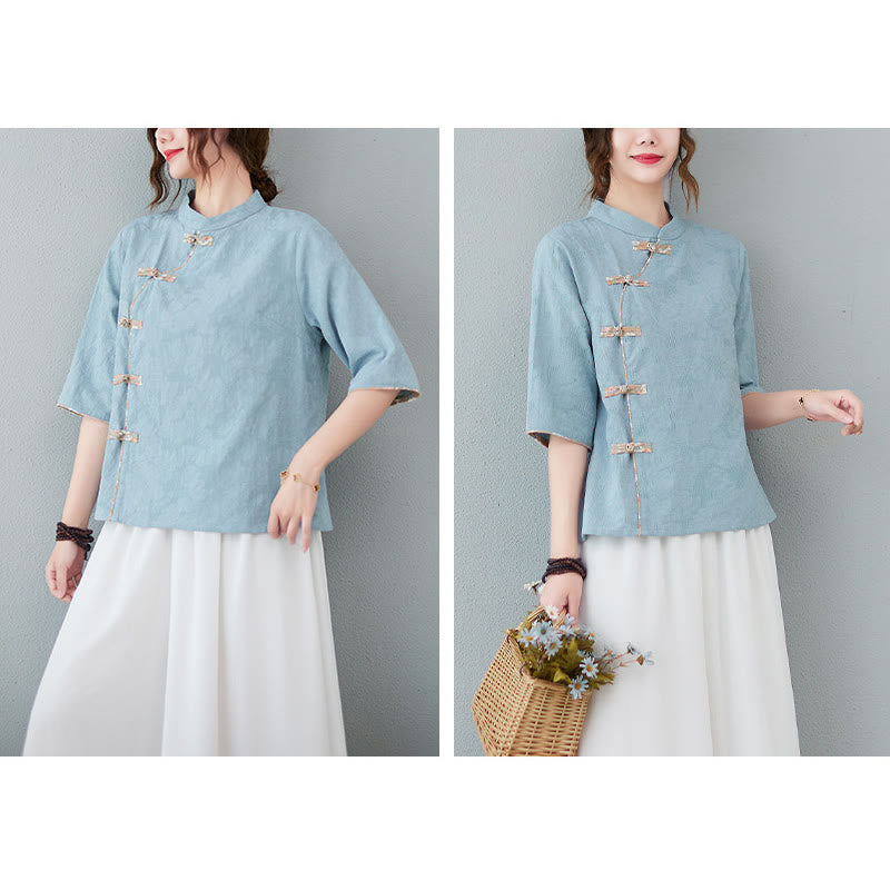 Buddha Stones柄フロッグボタン半袖コットンリネンシャツ - image 9