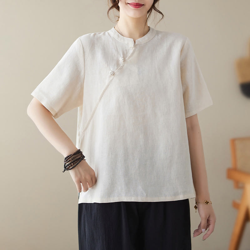 Buddha Stones無地 カエルボタン 半袖 コットンリネン シャツ - 白 - 2XL（ US8-10、 UK/AU12-14、EU40-42に適合） - image 0