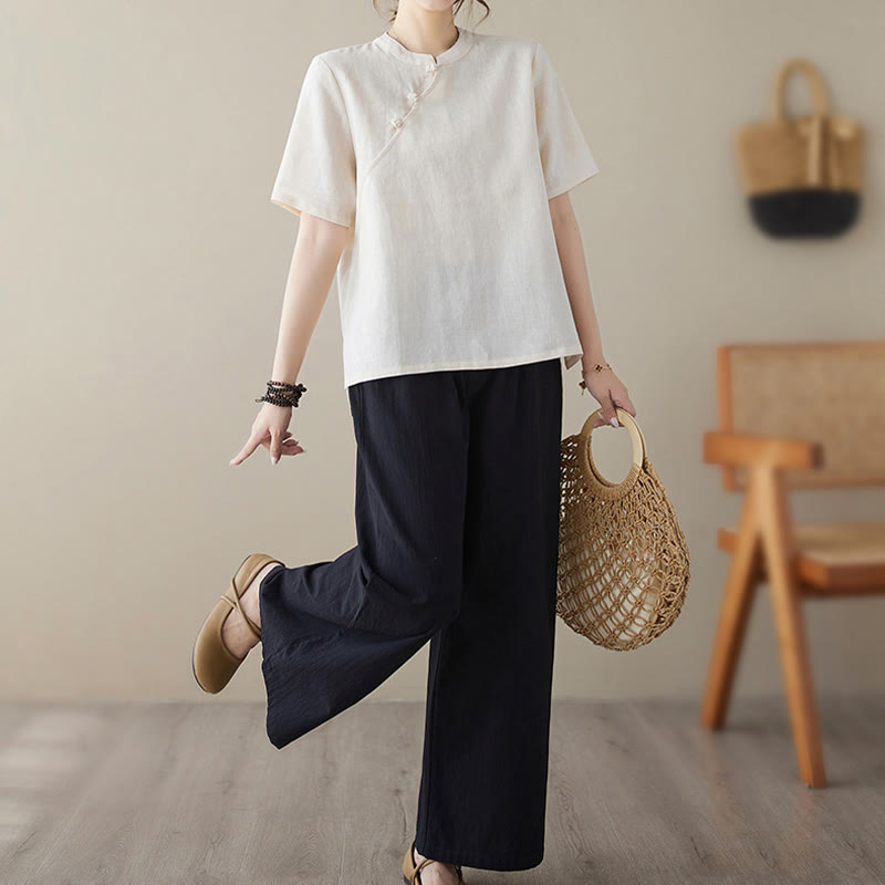 Buddha Stones無地 カエルボタン 半袖 コットンリネン シャツ - image 6