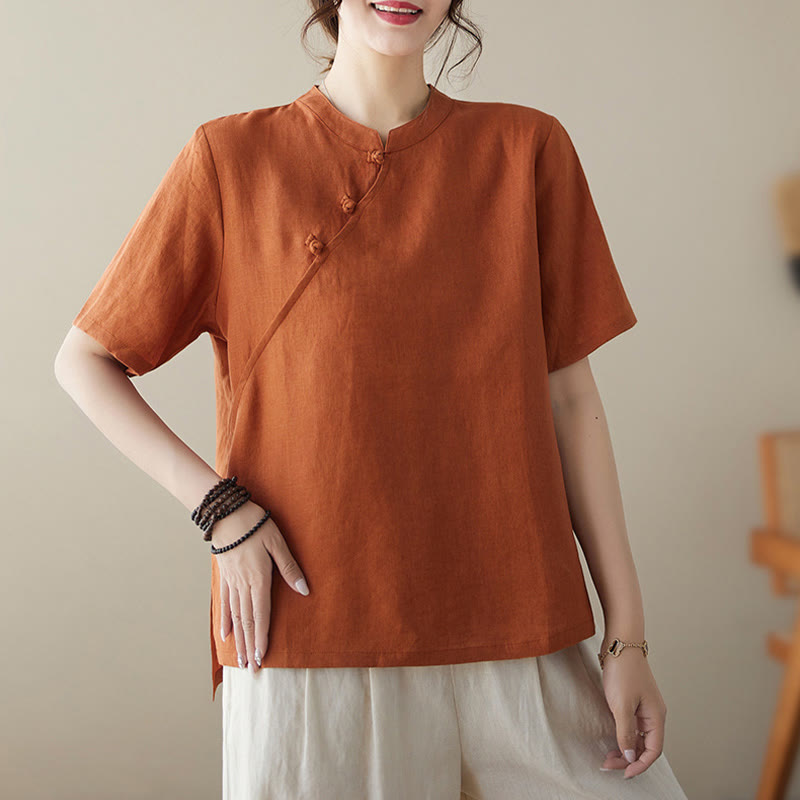 Buddha Stones無地 カエルボタン 半袖 コットンリネン シャツ - オレンジ - 2XL（ US8-10、 UK/AU12-14、EU40-42に適合） - image 7