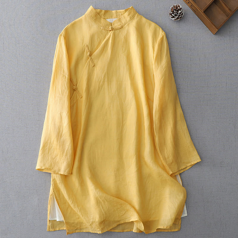 Buddha Stones無地 フロッグボタン 七分袖 ダブルレイヤー コットンリネンシャツ - レモンシフォン - US8-10，UK/AU12-14，EU40-42 (2XL) - image 7