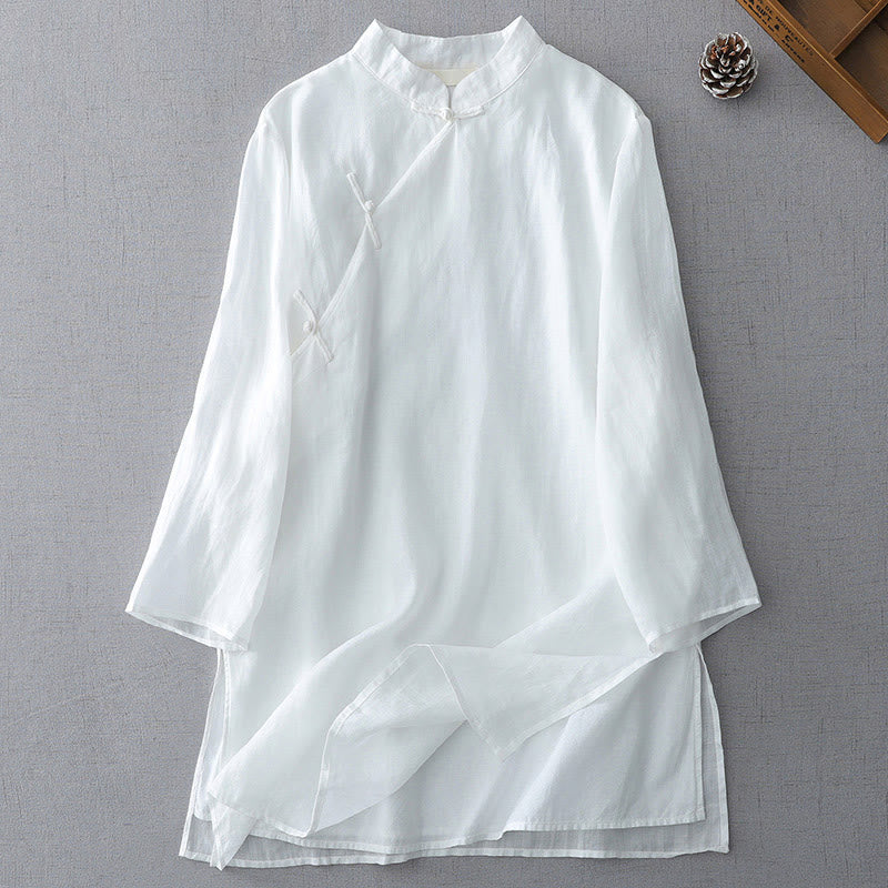 Buddha Stones無地 フロッグボタン 七分袖 ダブルレイヤー コットンリネンシャツ - 白 - US8-10，UK/AU12-14，EU40-42 (2XL) - image 2